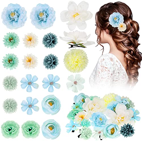 BBTO 21 Pcs Flower Hair Clip Rose Hair Clips Barrettes for Women Flower Accessories Boho Bride Claw Clip Hairpin Brooch Pin Headpiece for Wedding (Blue) - color: Blue