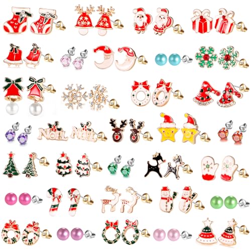 33 Pairs Stainless Steel Cartoon Earrings for Girls - Hypoallergenic Colorful Stud Earing Set, Mix & Match Cute Earring for Teens, Kids, Doll Dressup Accessories - style: #6-Christmas