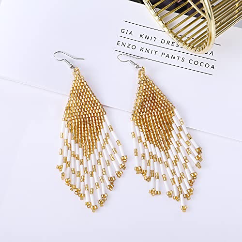 Long Beaded Tassel Earrings - Bohemia Colorful Bead Handmade Beaded Tassel Earrings，Gifts and Christmas - color: Classic white