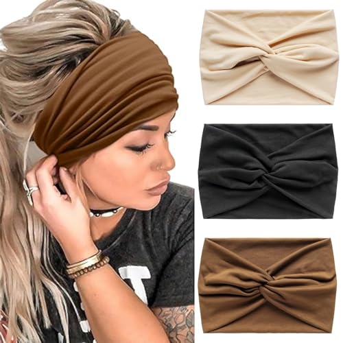 Boho Headbands for Women Extra Large Wide Turban Hair Band Workout Yaga Sports Elastic Headwear Hair Twisted Knot Accessories for Women and Girls - color: Black&Brown