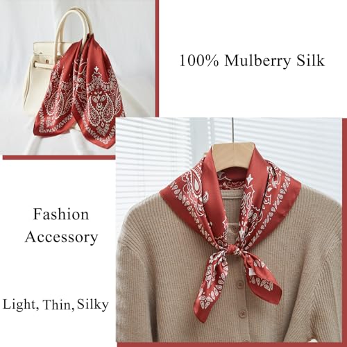 100% Mulberry Silk Neck Scarf 21''x21'' Small Square Hair Scarf for Women Men Lightweight Bandana Envelope Package - color: Cashew- Red