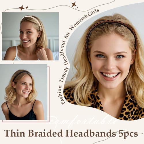 Aprince Braided Headbands for Women&Girls 5Pcs, Thin Headbands Non-slip, Braid Headband with Teeth, Comfortable Brown Hairband, Flexible Hairbands with Fabric, Skinny Boho Head Band, Neutral Color Set