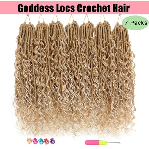 Goddess Locs Crochet Hair 7 Packs Bohemian Faux Locs Pre-Looped Braids, Boho Goddess Soft Locs Crochet Hair with Curly Ends Hair Extensions for Women (27/613, 24 Inch) - color: 27/613, size: 24 Inch