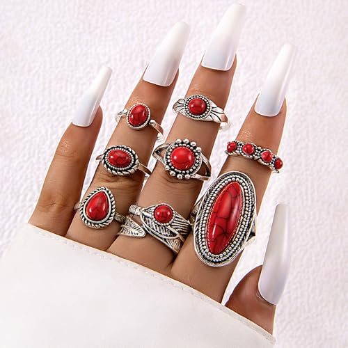 Western Rings Set for Women Red Boho Turquoise Ring Vintage Stackable Knuckle Rings Bohemian Cowboy Cowgirl Jewelry Country Concert Outfits - color: red