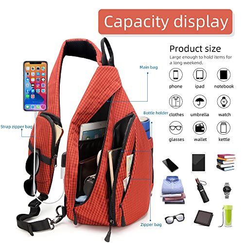 TurnWay Water-Proof Sling bag/Crossbody Backpack/Shoulder Bag with USB Charging Port for Travel, Hiking, Cycling, Camping - color: Orange Grid