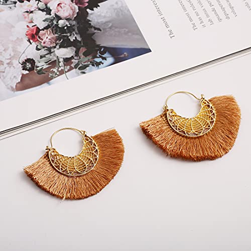 Tassel Hoop Earring Statement Thread Dangle Earrings Stylish Long Fringe Drop Earrings Lightweight Long Swingy French Hook Earrings for Women - color: B khaki