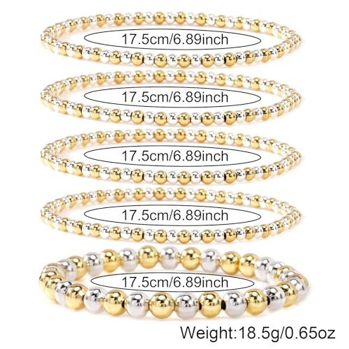 Gold Bracelets for Women Stackable 14K Gold Silver Plated Beaded Bracelets Stack Elastic Stretch Non Tarnish Bead Ball Stack Stretch Adjustable Dainty Jewelry Trendy Prom Gifts for Women - color: Gold and silver