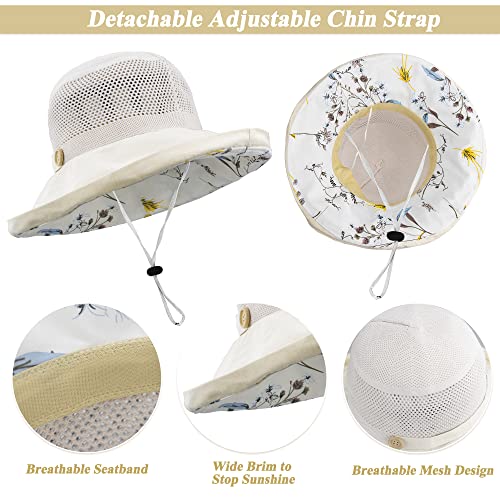 Women's-Mesh-Sun-Hats Wide-Brim Summer Beach Bucket Caps for Girls Outdoor-UV-Protection Foldable-Fishing-Hat Chin Strap - color: Beige