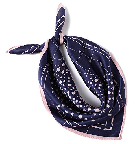 ANDANTINO 100% Mulberry Silk Scarf -21” Square Neckerchief with Gift Packed - color: Navy&pink Star