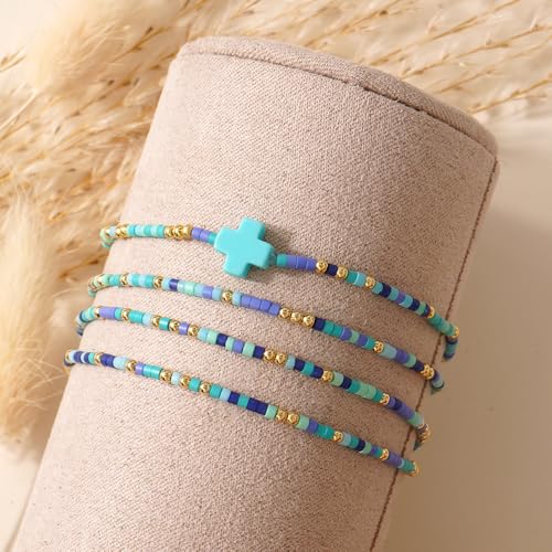 Gold Colorful Beaded Cross Bracelet Stack Set for Women,Handmade Bohemian Seed Beads Stacked Bracelets Fashion Holiday Jewelry Gift - color: Blue