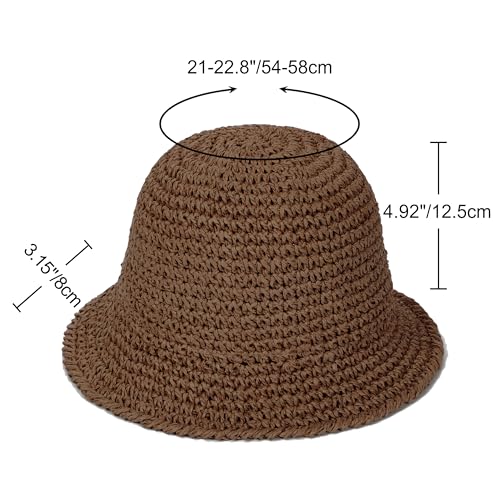 Womens Sun Hat Handmade Straw Bucket UV Protection Travel Summer Beach Cap - color: Coffee