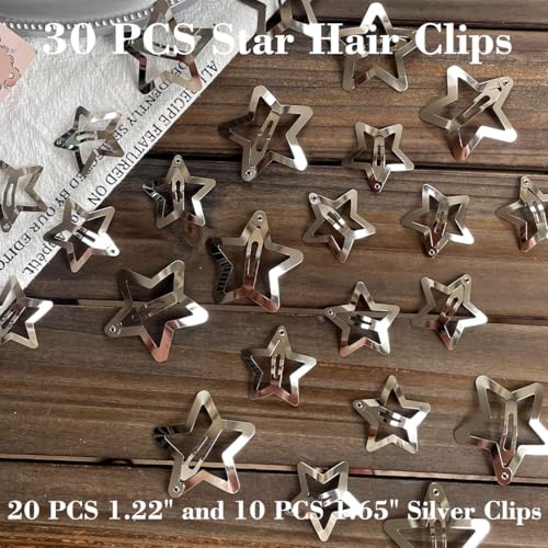 30 PCS Star Hair Clips,20PCS 1.22"Clip and 10 PCS 1.65"Clips Snap Star Hair Accessories Non Slip Clips for Girls Women Y2K Accessories - color: 1.22" 1.65"Silver (30PCS)