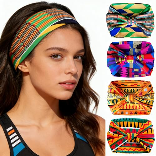 4 PCS African Head Wraps for Black Women, Boho Headbands, Non Slip Wide Headbands for Women, Workout Head Bands for Women's Hair (Multicolor B) - color: Multicolor B
