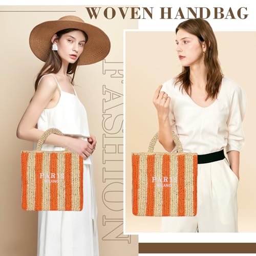 Straw Beach Bag for Women Summer Woven Tote Bag Packable Straw Purses and Handbags for Vacation Holiday - color: M-orange
