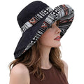 Wide Brim Sun Hat for Women Reversible Beach Hats Metal Wired Edge Gardening Hats, UPF 50+ Bucket Summer Hat - color: Black Boho-style