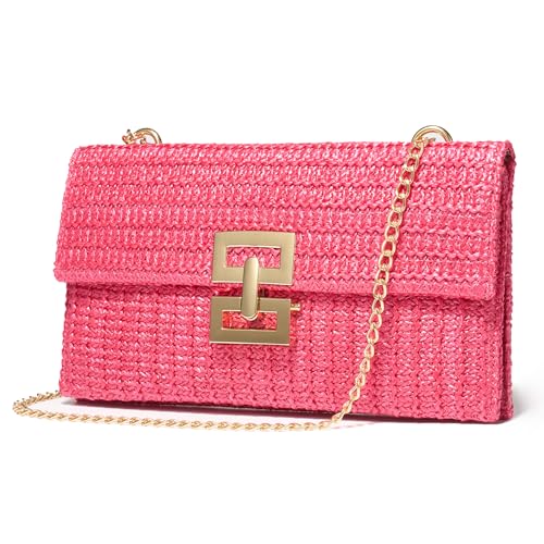 SWEETV CHUNLI Straw Purse Woven Beach Bag Summer Clutch Purse Boho Crossbody Bags for Women Small Raffia Shoulder Bag - color: Hot Pink