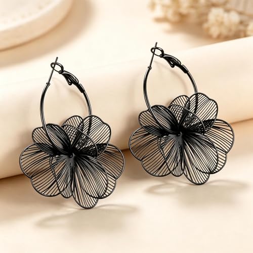 Gold Flower Statement Earrings for Women Boho Trendy Hoop Earrings Floral Dangle Petal Earring Prom Wedding Jewelry Gifts - color: A3:black