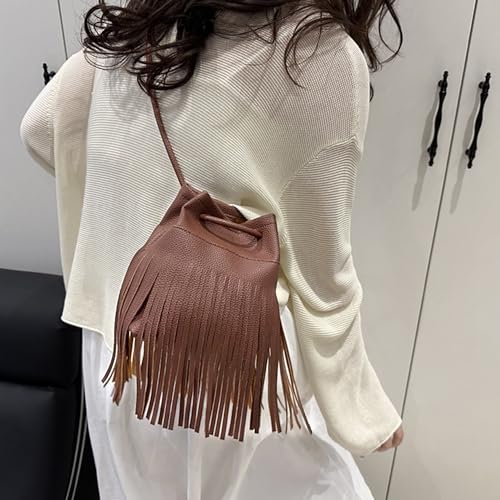 Women Leather Fringe Messenger Bag Mini Hobo Crossbody Tassel Shoulder Bags - color: Solid-coffee