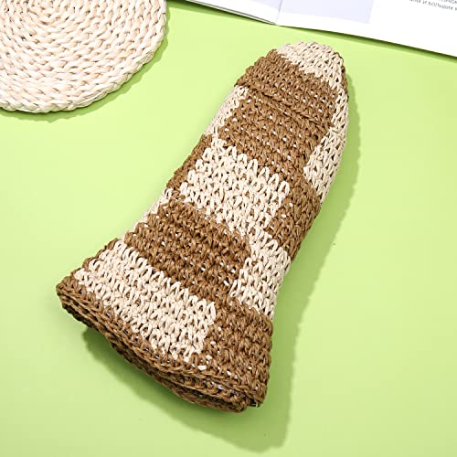 Sun Hats Checkerboard Straw Bucket Hat for Women Packable Crochet Wide Brim Floppy Beach Hats Traveling Summer Accessories - color: Beige