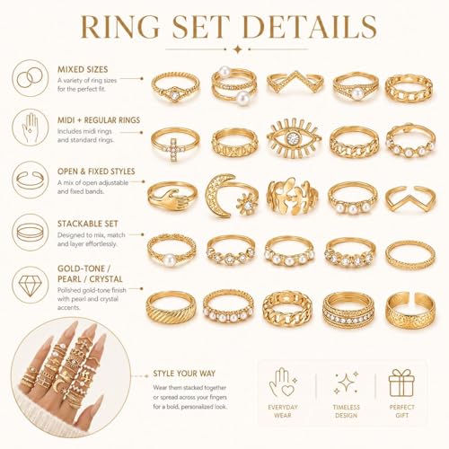 Gold Stackable Rings Set Moon Star Design Adjustable Rings for Everyday Wear Mid FingerPinky Ring Trendy Jewelry Gifts - color: L
