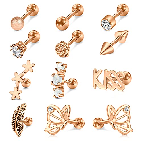 Mayhoop 16g Cartilage Earrings - Men Women Surgical Stainless Steel Tragus Piercing Jewelry Stud Hoop Forward Helix Rook Daith Conch Earrings - style: Rose-gold-2