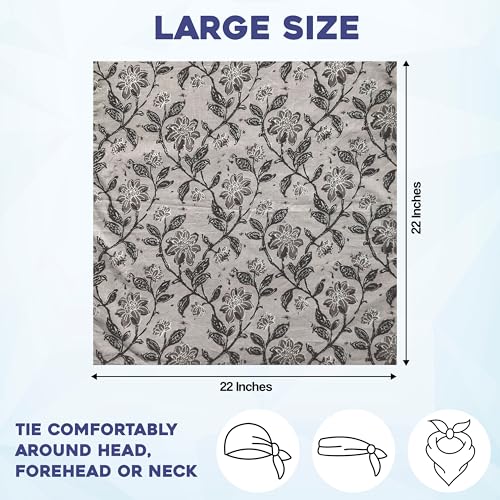 AVKA Studio 100% Cotton Bandanas for Women & Men, 2 Pack 20x20 Inch, 22x22 inch Hand Printed, Lightweight Cotton Handkerchief - color: Gray, size: 22 x 22 Inches Large