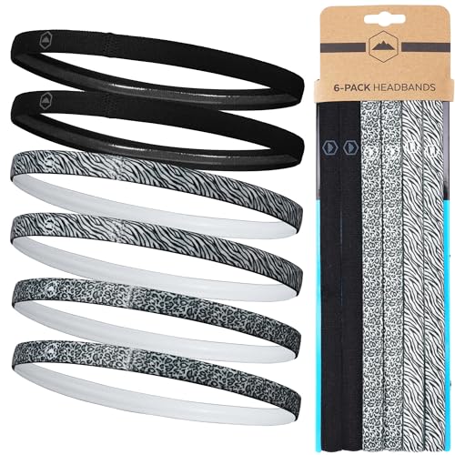 Tough Headwear Thin Elastic Headbands - Sports Hair Head Band for Women & Men - Non Slip Mens Workout Headband - 6-Pack - color: Black, Leopard - 6