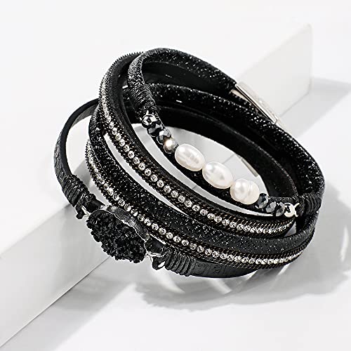 Artilady Leather Wrap Bracelets for Women - Pearl Bracelets Handmade Clasp Bangle Bracelet with Beads Jewelry Gift for Women and Mother - style: So She Did, Black