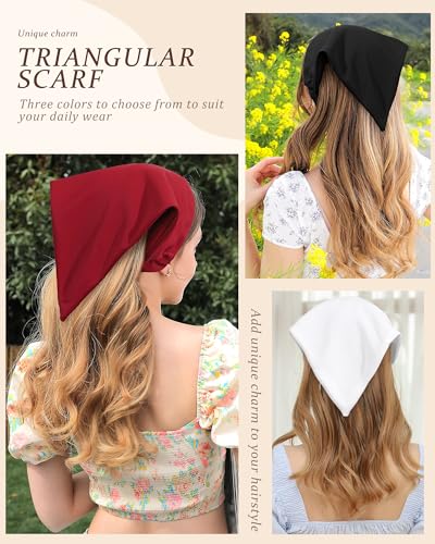 HAIMEIKANG Floral Headbands for Women Boho Hair Bandanas Scarf Triangle Kerchief Solid Color Hair Bands Vintage Head Scarf(Black+White+Wine Red) - color: Black+White+Wine Red