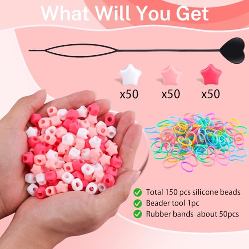 150Pcs Small Star Silicone Hair Beads for Braiding, 5mm hole Soft Pony Beads Bulk, Multi-color Hair Jewerly Accessories Kit with 60 Rubber Bands and 1 Beader for Braids,DIY Bracelets and Crafts - color: Star-Pink Mix-150pcs