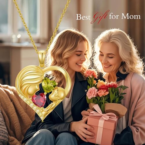 Mothers Day Gifts 14K Yellow Gold Mother Daughter Heart Pendant Necklace with 12 Months Birthstone Birthday Gifts for Mom Anniversarry Jewelry for Mom Wife Girlfriend - color: 01-08-Jan-Aug Birthstone