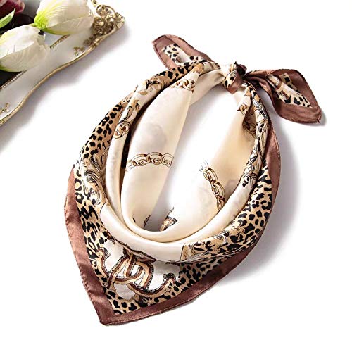 ANDANTINO 100% Mulberry Silk Scarf -21” Square Neckerchief with Gift Packed - color: Beige Leopard