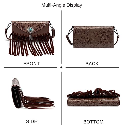 LAVAWA Small Crossbody Bags for Women Crossbody Handbag Fringe Purse Tassel Shoulder Bag Turquoise Concho Wallet - color: Western Coffee
