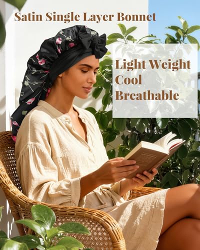 AWAYTR Long Satin Bonnet for Braids - Elastic Silk Hair Bonnets for Sleeping Night Cap Stretchy Tie Band for Women（Flower C） - color: Flower C