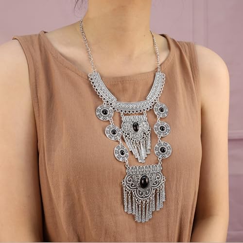 Bethynas Bohemian Ethnic Tribal Chunky Necklace Multilayer Long Tassel Turquoise Statement Neck Chain Retro Coin Gemstone Exaggerated Costume Accessories for Women - color: C-Black