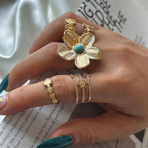 Bohemian Turquoise Ring for Women Chunky Gold Flower Statement Rings Vintage Round Turquoises Stackable Knuckle Ring Set for Women Western Jewelry - style: Turquoise flower ring-B