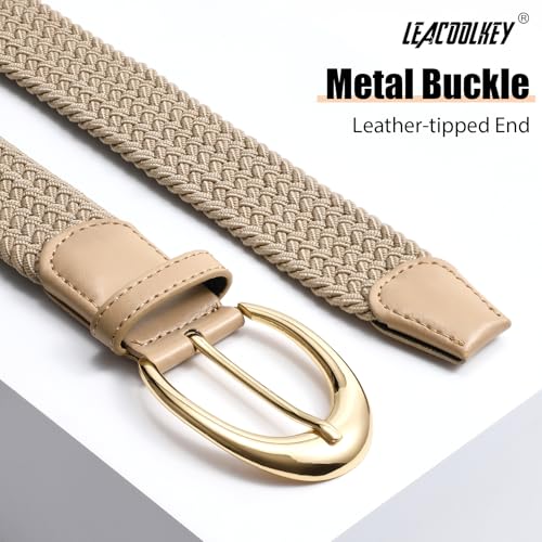 LEACOOLKEY Stretchy Braided Golf Belt for Women Elastic Woven Belts Unisex Elastic Fabric Belt for Jeans Pants - color: Beige/Gold Buckle, size: Fit waist size below 31"