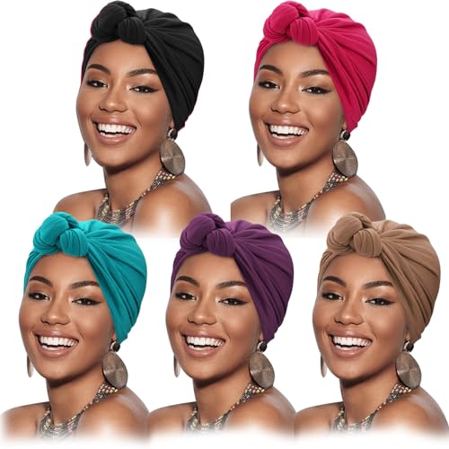 DRESHOW 5 Pack Knotted Headwraps for Women African Turban Pre-Knotted Beanie Headwraps Hair Covers - color: 5 Pack Knotted: Black, Khaki, Rose, Purple, Teal