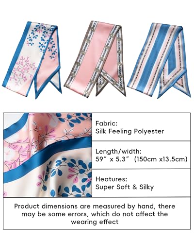 Raylarnia 3 Pack Satin Purse Bag Scarf for Women 59”Long Silky Scarves for Neck,Hair,Head,Handbag,Fashion Gift Set - color: Pink Blue (Flower Branches/Grid/Ruyi)