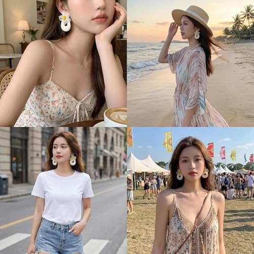 Woven Raffia Rattan Earrings for Women, Boho Flower Hoop & Drop Dangle Earrings Collection, Handmade Summer Beach Vacation Statement Earrings for Party Daily Wear - color: White Daisy Woven Hoop
