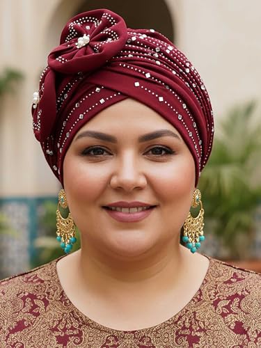 Woeoe Beanie Cap Head Wrap Black Rhinestones Head Scarf Flower Pearls Twisted Head Turban for Women Girls - color: Burgundy