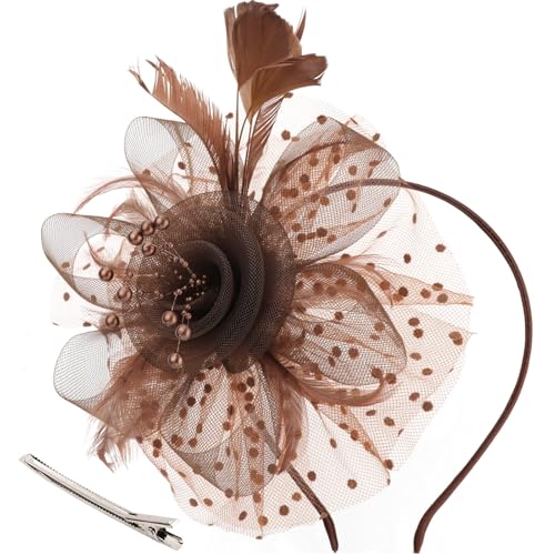DRESHOW Fascinators Hat Flower Mesh Ribbons Feathers on a Headband and a Clip Tea Party Headwear for Girls and Women - color: 7" Diameter / Brown