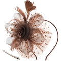 DRESHOW Fascinators Hat Flower Mesh Ribbons Feathers on a Headband and a Clip Tea Party Headwear for Girls and Women - color: 7" Diameter / Brown