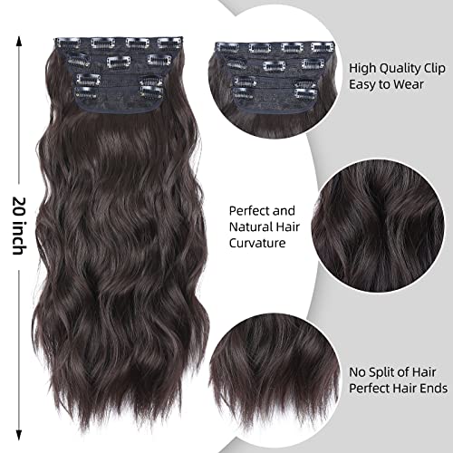 Clip in Hair Extensions 4PCS Brown Black Thick Hair Piece 20 Inches Long Wavy Clip in Extensions Full Head Synthetic Hairpieces for Women (4pcs, 20Inch, 4#) - color: 4-Brown Black