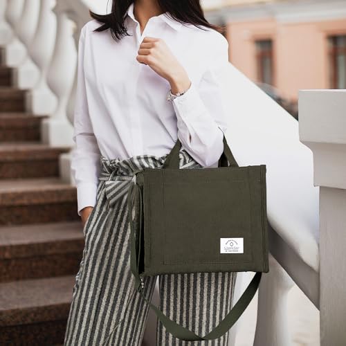 WantGor Tote Bag for Women, Corduroy Crossbody Bags Shoulder Handbag Small Satchel Hobo Bag Purse - color: Army Green
