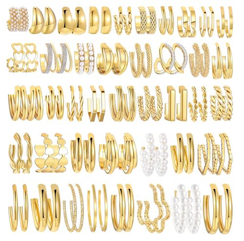 36 Pairs Gold Hoop Earrings Set for Women, Chunky Gold Earrings Multipack, Trendy Silver Hoop Earring Pack Jewelry - color: Style4-gold