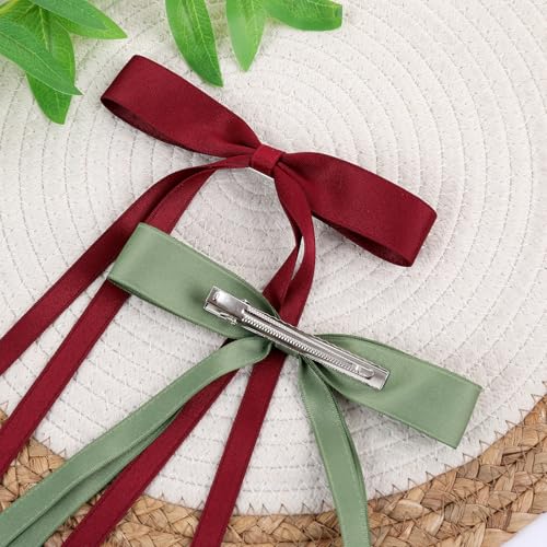 WORTL Hair Bows Clips Coquette Ribbon Bowknot with Long Tail Princess Hair Bows French Barrettes Hair Accessories for Women Girls 16PCS (Wine Red, Beige, Green, Purple) - color: Wine Red, Beige, Green, Purple