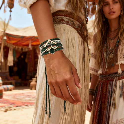 Long tiantian Leather Bracelets for Women Warp Bracelet Stackable Boho Layered Bracelet Chunky Heart Trendy Birthday Gifts for Her - color: B13:Green Leather Bracelets