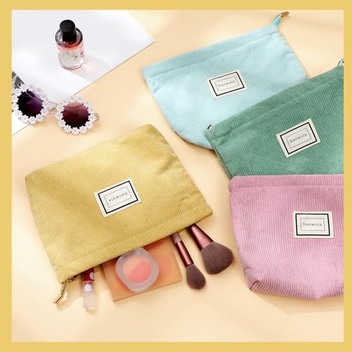 Sanwuta 4 Pack Velvet Makeup Bag Cosmetic Bag for Women Large Capacity Corduroy Pouch Zipper Canvas Travel Toiletry Purse Make up Organizer Case Accessories(Macaron Series,Plaid) - color: Macaron Series