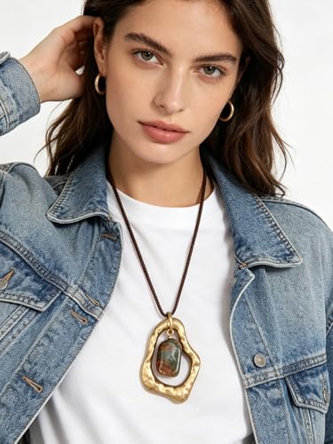 GelConnie Leather Necklaces Turquoise Long Boho Necklaces for Women Brown Chunky Circle Pendant Chocker Necklace Gold Sweater Necklace - style: Large Stone Pendant